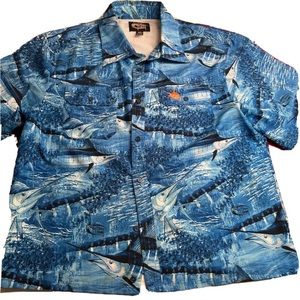 Guy Harvey BLUE MARLIN button shirt short sleeved Camo fish all over men MEDIUM